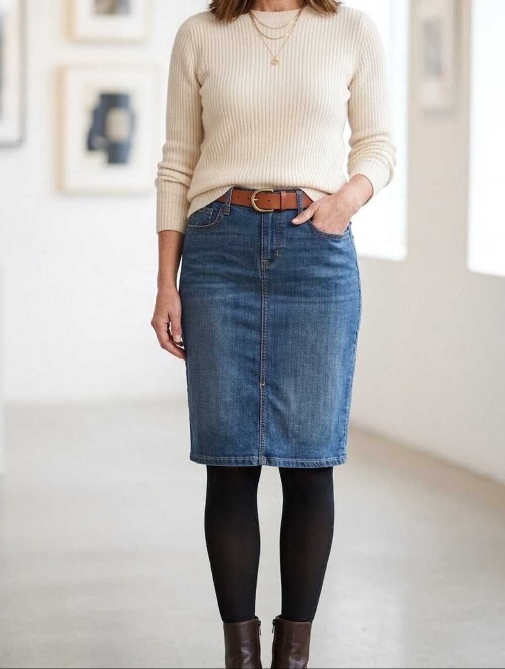 Old Navy Blue Denim Pencil Skirt with Contrast Stitching-NWOT